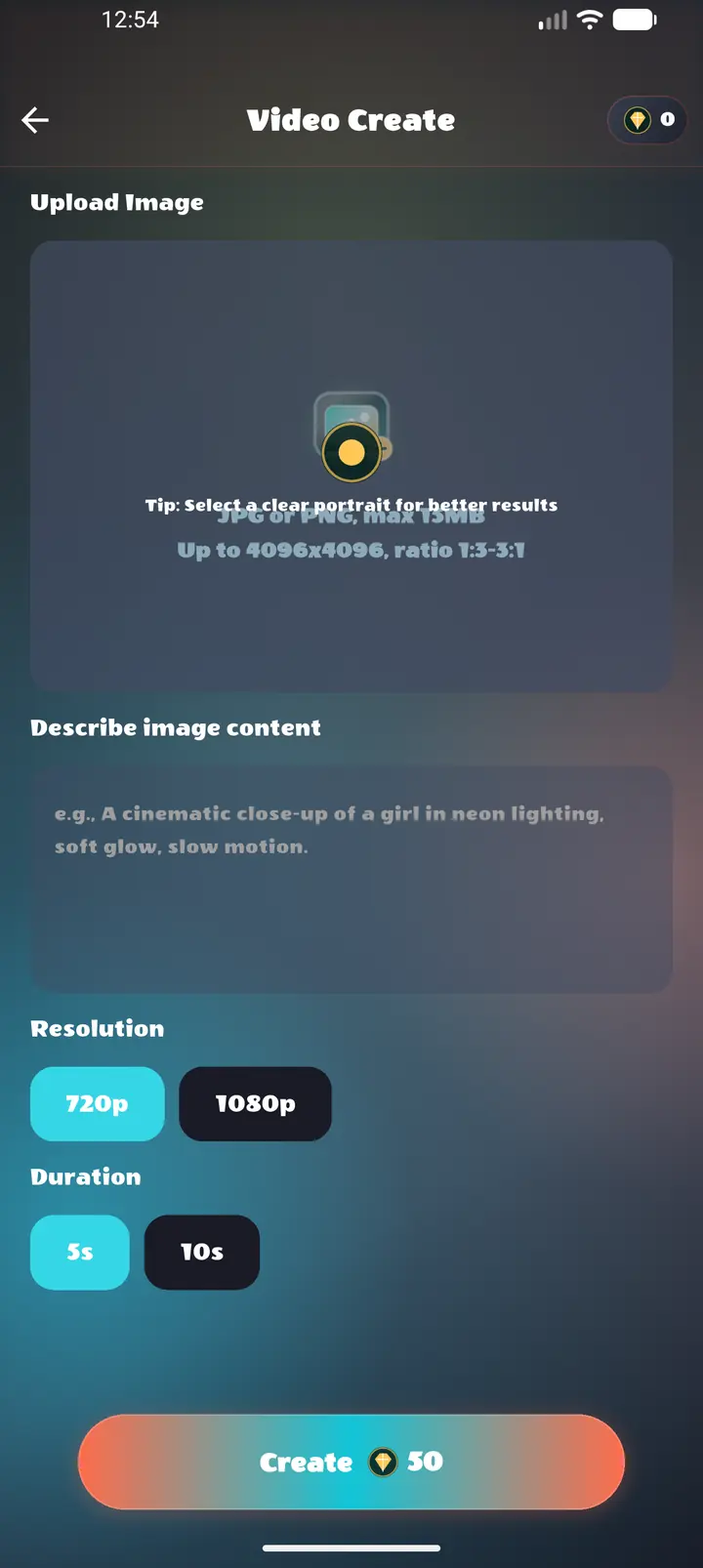 Mindela AI creation screen with image upload, prompt, resolution, and duration controls