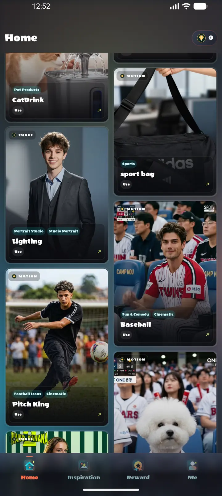 Mindela AI home screen with creative motion templates
